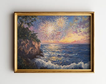 Moody Seascape with Fireworks - Romantic Coastal Sunset Art, Festive Painterly Print, Dramatic Ocean View, Instant Digital Download 476