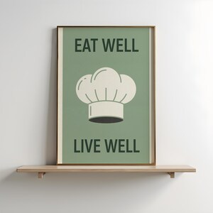 Ät väl lev väl kökstryck, grön kockmössa väggkonst, hälsosam matposter, minimalistisk köksdekor, matkonst för matsalen