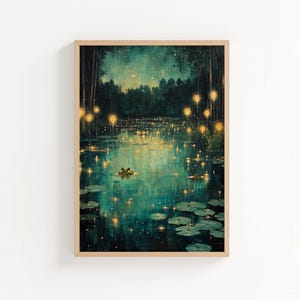 May include: A framed art print showing a tranquil pond scene. The artwork uses a teal and green colour scheme with golden, glowing orbs reflecting on the water. Lily pads and a frog are visible in the pond.