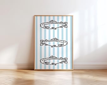 Stampa artistica da parete con pesci costieri • Decorazione da bagno in stile nautico sulla spiaggia • Poster con illustrazione del mare a strisce blu