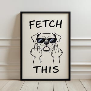 May include: Black framed art print featuring a cartoon dog wearing sunglasses and giving the middle finger. The words "FETCH THIS" are printed above and below the dog illustration in bold, black font. The background is a light beige color.