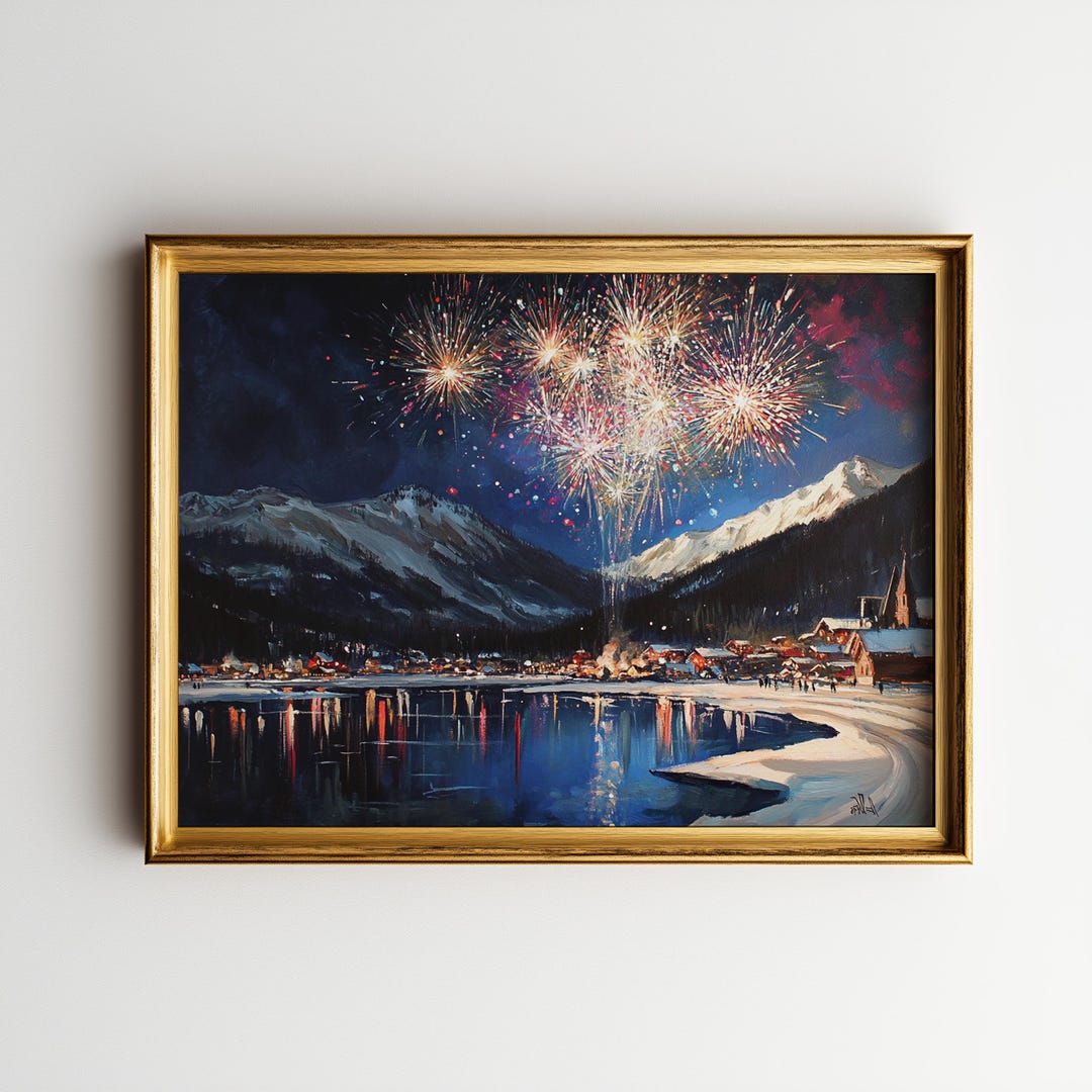 Festive Snowy Village Fireworks Scene - Charming Winter Nightscape ...
