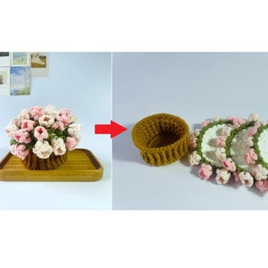 May include: A handmade crochet flower basket with pink and white flowers, a matching coaster set, and a small basket. The coasters have a white center, green border, and pink flower accents. The basket is brown.