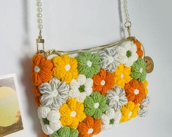 Puff Floral Crochet Bag, Square Handmade Purse, Boho Chic Cotton Yarn Accessory, Back to school bag, Halloween bag