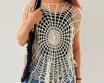 Crochet spider web top, Beach summer mesh, Handmade Crochet Spider Web Top: Gothic Shirt, Spider Web Knitted Top, Halloween costume