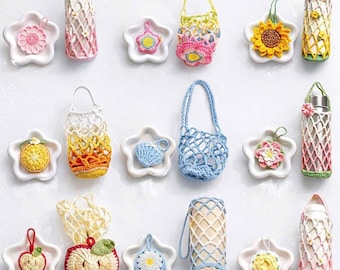 2-in-1 Crochet Water Bottle Holder Keychain | Cute Flower & Fruit Bag Charm | Eco-Friendly Cotton Bottle Carrier | Hidden Net Bag Accessory