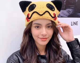 Handmade Crochet Mimikyu Cat Beanie | Kawaii Anime Winter Hat | Cute Gamer Cosplay Accessory | Yellow Cat Ear Knit Cap