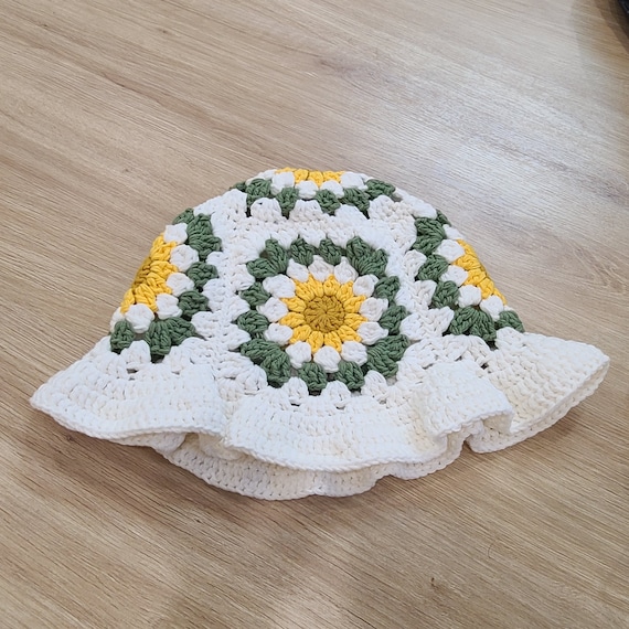 handmade-style crocheted sun hat with floral decoration Crochet Flower Bucket Hat - Etsy main image 4