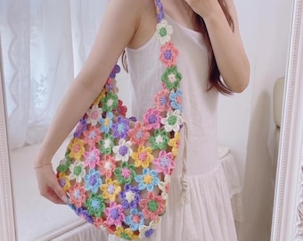 Crochet Daisy Shoulder Bag, Floral Boho Tote, Y2K Aesthetic Knit Purse, Hypoallergenic Polyester Summer Bag, Back to school bag, Halloween