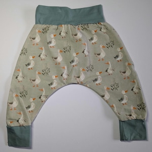 May include: Light green trousers featuring a repeating pattern of white and grey geese with orange beaks. The garment has a wide, solid sage green elastic waistband and matching solid sage green ankle cuffs, providing a comfortable fit.