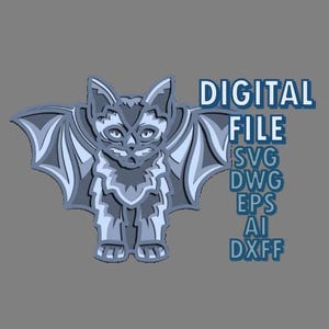 Peut inclure: Un fichier numérique d'un chat gris portant un costume de chauve-souris. Le fichier est disponible aux formats SVG, DWG, EPS, AI et DXF.