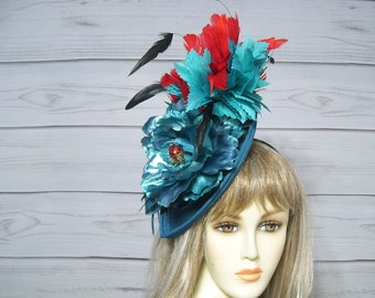 REd and Blue Kentucky Derby Fascinator Fancy Fascinator Hat, Easter Hat, Horse Races Fascinator, Royal Ascot, Alice in Wonderland Tea Party