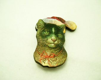 METAL REFRIGERATOR MAGNET Christmas Black Cat Green Eyes Santa Hat Meowy Humor