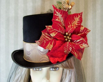 christmas top hat christmas holiday hat poinsettia winter tea hat alice in wonderland top hat dickens festival top hat - Christmas Top Hat christmas top hat christmas holiday hat poinsettia winter tea hat alice in wonderland top hat dickens festival top hat - Christmas Top Hat