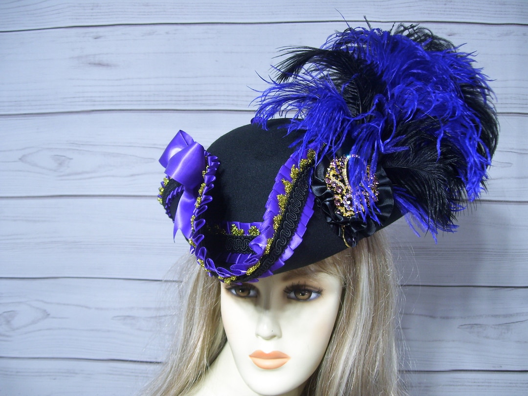 Ladies Pirate Hat, Black and Purple Tricorn Pirate Hat