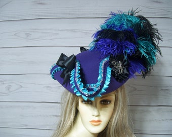 Lila pirathatt, lila och turkos tricorn pirathatt, Halloween pirathatt, renässanshatt, Gasparilla pirathatt, 22,5 invändigt