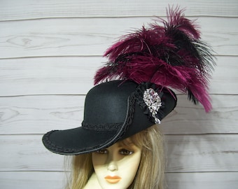 Cavalier Hat, Black Cavalier Hat Puss n Boots Hat Black Pirate Hat Black and Burgundy Renaissance Hat 17th Century Black Hat 3 Musketeer Hat