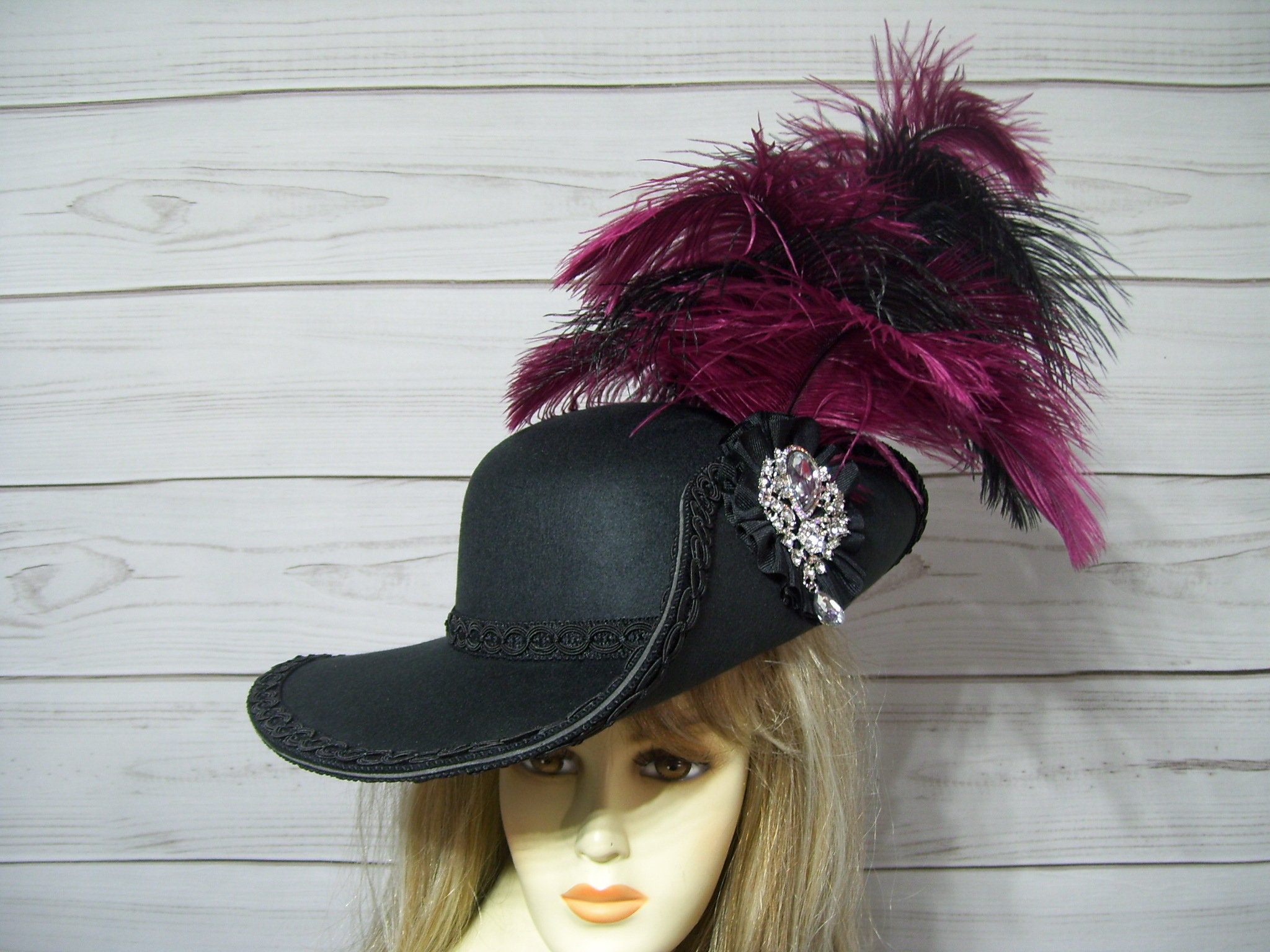 Black Cavalier Hat Black Pirate Hat Black and Burgundy - Etsy