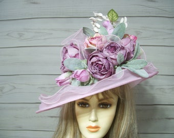 Pink Floral Hat, Kentucky Derby Hat, Easter Hat, Victorian Tea Party Hat, Mother's Day Hat, Bridal Wedding Hat, Belmont Hat, Preakness Hat