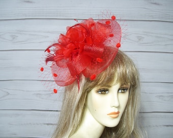 Red Hat Fascinator, Kentucky Derby Fascinate Hat, Wedding Hat, Easter Fascinator, Garden Party Tea, Other colors Available, USA Seller