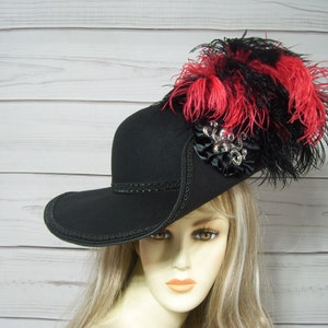 Ladies Cavalier Hat, Black Renaissance Hat, Pirate Hat, 17th Century Black Hat, 3 Musketeer Hat, 22.5" inside circ
