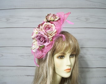 Pink Fascinator with Pink Roses Hat, Kentucky Derby Fascinator Hat, Tea Party Hat, Wedding Headpiece, Ascot Hatinator, Belmont, USA