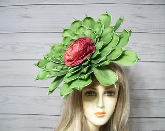 Green Succulent Flower Fascinator Kentucky Derby Hat, Arboretum Event Hat, Horse Racing Tea Party Alice in Wonderland Flower Hat