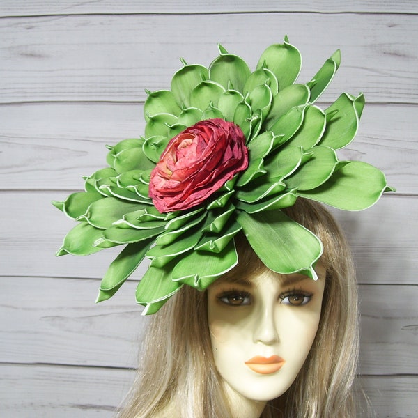 Green Succulent Flower Fascinator Kentucky Derby Hat, Arboretum Event Hat, Horse Racing Tea Party Alice in Wonderland Flower Hat