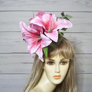 Floral Pink Lily and Green Hydrangea Fascinator Headpiece Pink Lily Fascinator - Etsy main image 3