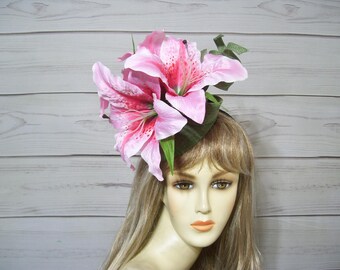 Rosa liljefascinator, Kentucky Derby fascinatorhatt, bröllop, tebjudningshuvudbonad, hästkapplöpning, mors dag