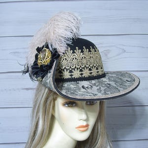 Black and Tan Cavalier Hat with Skulls, Renaissance Tricorn Hat, 3 Musketeer Hat, Gasparilla Pirate Hat, 22&quot; inside circ.