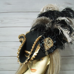 Sombrero pirata negro de mujer, sombrero pirata Gasparilla, sombrero renacentista, sombrero tricornio, sombrero pirata de Halloween, sombrero Jack Sparrow, 22,5" en el interior