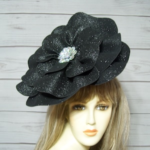 Black Sparkly Flower Kentucky Derby Fascinator Hat, 12 Inches Flower Hat, Preakness Fascinator, Ascot, Garden Tea Party, See Video