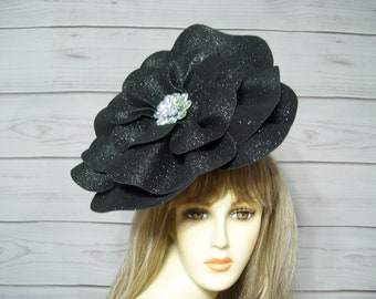 Black Sparkly Flower Kentucky Derby Fascinator Hat, 12 Inches Flower Hat, Preakness Fascinator, Ascot, Garden Tea Party, See Video