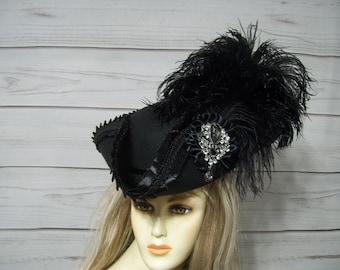 Sombrero pirata negro para dama, sombrero tricornio negro, sombrero renacentista, sombrero pirata Gasparilla, cosplay, 22,5" interior