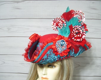 Christmas Pirate Hat, Red and Turquoise Tricorn, Renaissance Hat, Gasparilla, 22.5" inside