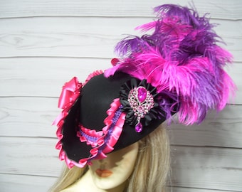 Black and Pink Pirate Hat, Renaissance Hat, Tricorn Hat Gasparilla, 22.5"