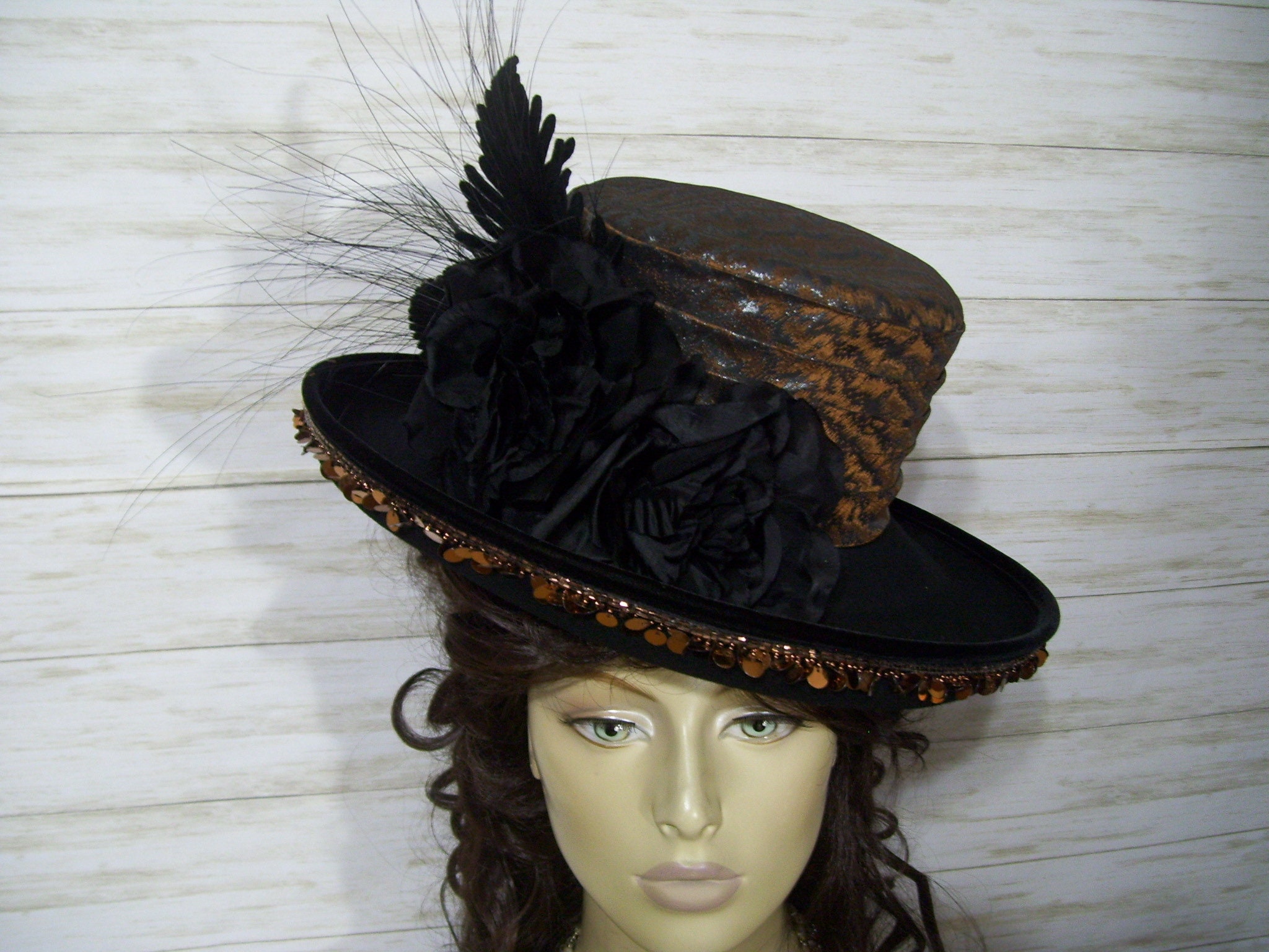 Edwardian Hat Black and Brown Hat Church Hat Victorian Hat Halloween Tea Party Hat 1800s Style Hat Civil War Hat Downton Abbey Hat