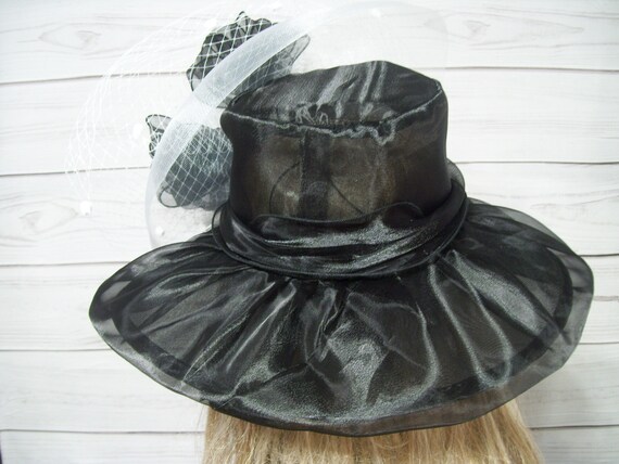 Ladies Black Sheer Hat, Kentucky Derby Hat, Easter Wide Brim  display picture 2