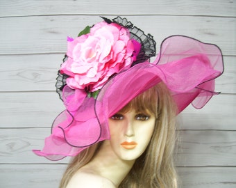 Ladies Pink and Black 2 for 1 Kentucky Derby Hat AND Fascinator, Easter Hat, Wedding Hat, Horse Racing Hat, See Video, USA Seller