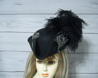 Black MINI Tricorn Pirate Hat Marie Antoinette Mini Hat Gasparilla Hat, Renaissance Pirate Hat Victorian Mini Tricorn Hat 1800s Style Hat