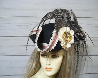 Ladies Black Pirate hat with Long Feathers, Renaissance Hat, Gasparilla Tricorn Pirate Hat, 22.5" inside