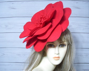 Red Rose Flower Fascinator Hat Kentucky Derby Red Rose Flower Hat Wedding Red Flower Hat Mother's Day FELT Fascinator Easter Fascinator