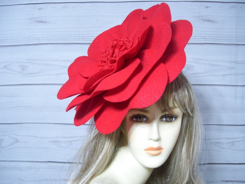 Red Rose Flower Fascinator Hat Kentucky Derby Red Rose Flower Hat Wedding Red Flower Hat Mother's Day FELT Fascinator Easter Fascinator image 1