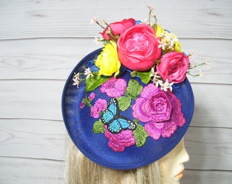 Blue Fascinator with flowers Kentucky Derby Hat Fascinate, Oaks Race Hat, Equestrian Hat Royal Ascot, Belmont, Church Hills Down, USA