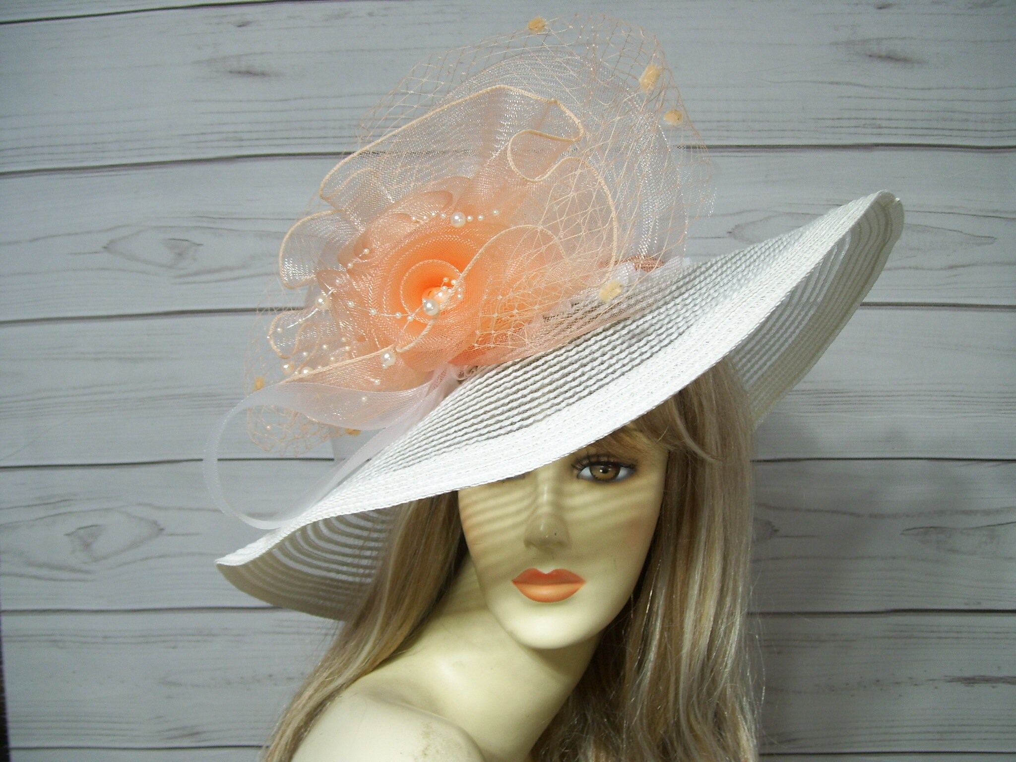 Vintage-Inspired Hat Peach Fascinator Kentucky Derby, Easter, Garden Party style kentucky derby hat fascinator peach coral rhinestone  main image 3