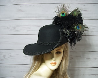 Black Cavalier Hat, Black Pirate Hat, Black Renaissance Hat, 17th Century Black Hat, 3 Musketeer Hat, Peacock Feathers