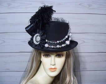 Black Top Hat Stevie Nicks Inspired, Kentucky Derby, Steampunk, Victorian Top Hat, Wedding, Burlesque, Tea Party, 22.5" inside Circ.