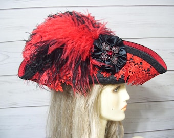 Black and Red Straw Pirate Hat, Renaissance Tricorn Hat, Halloween Pirate Hat, Gasparilla Pirate Hat, Jack Sparrow 22.5" inside