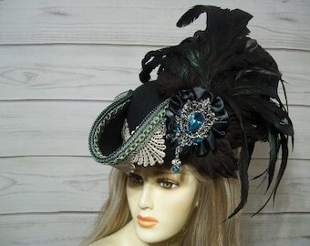 Black and Turquoise Pirate Hat with Feathers, Tricorn Hat, Renaissance, 22.5" inside circ.